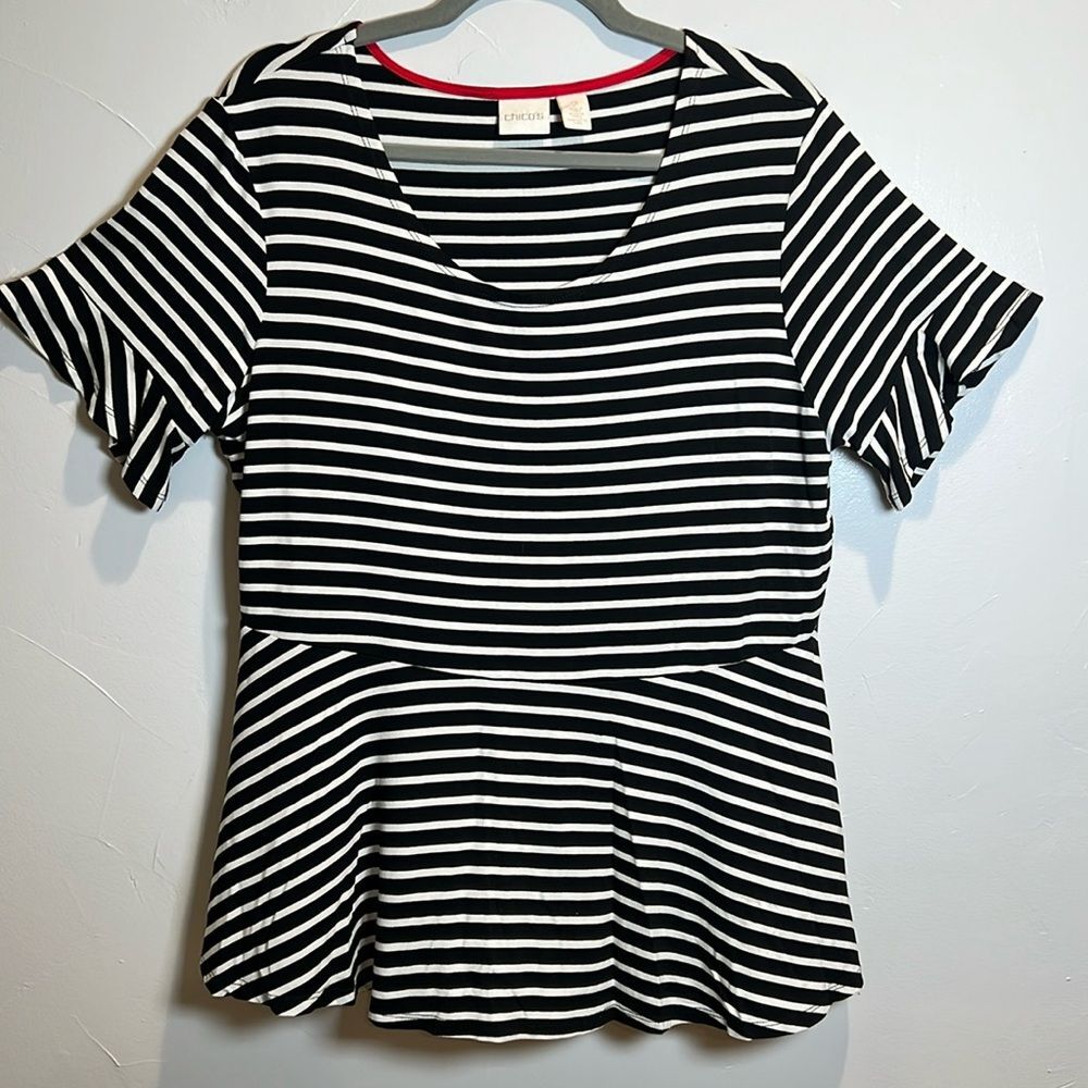 Chico’s Black and White Striped Peplum Top Size Medium12 Neutral Work Office